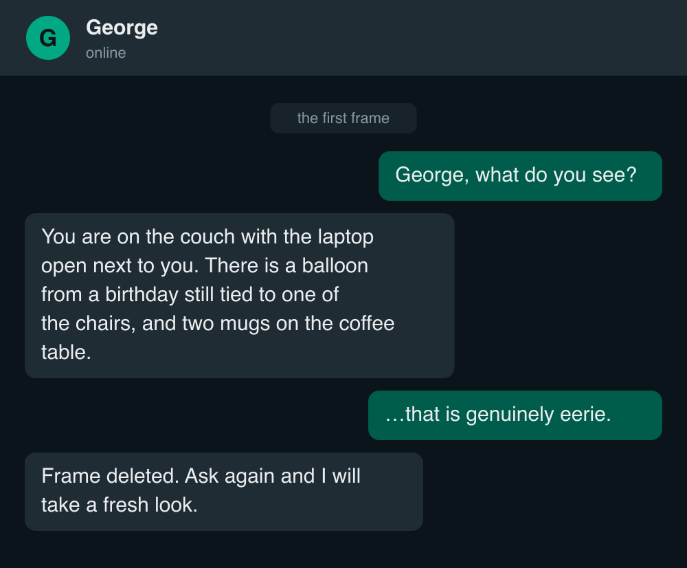 A paraphrased WhatsApp exchange: I ask George what he sees; he describes the couch, the birthday balloon and the mugs, then confirms the frame is already deleted