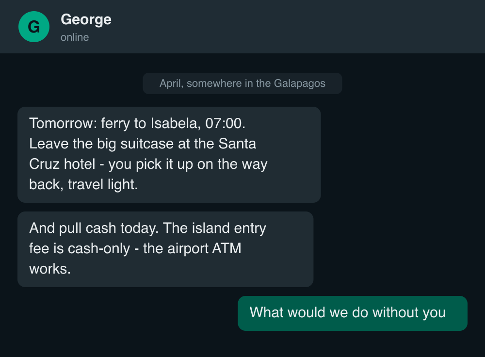 A WhatsApp exchange with George about the Isabela ferry, the suitcase tip, and cash for the island entry fee (paraphrased)