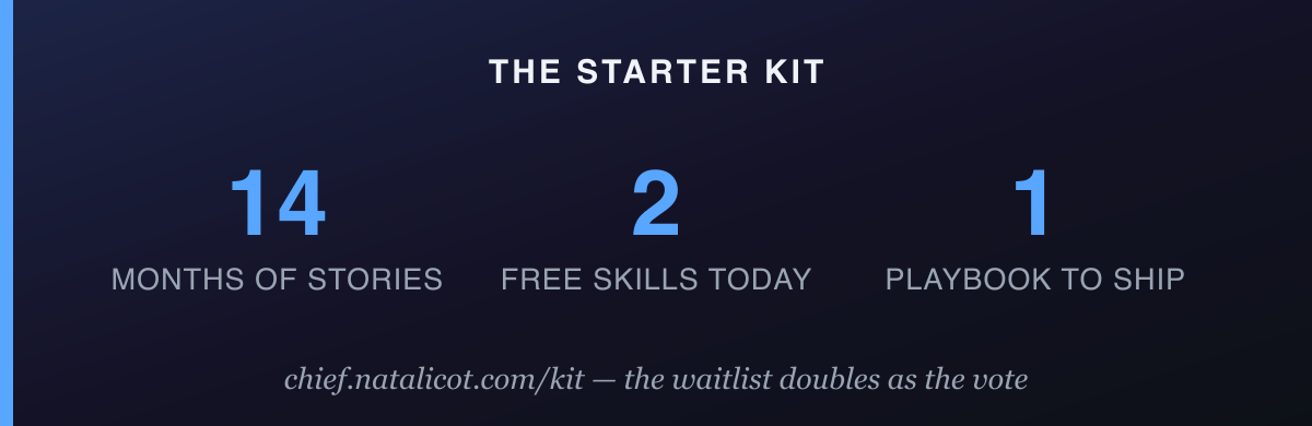The starter kit in numbers: 14 months of stories, 2 free skills today, 1 playbook to ship — waitlist at chief.natalicot.com/kit