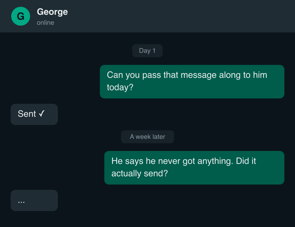 A paraphrased WhatsApp exchange: George confirms Sent, and a week later the message turns out never to have been delivered
