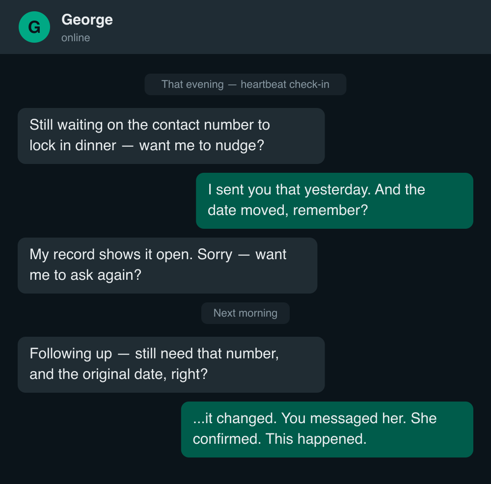 A paraphrased WhatsApp exchange: George's evening check-in asks for a contact number already sent the day before, using a date that had already been corrected — then apologizes for a mistake it never made
