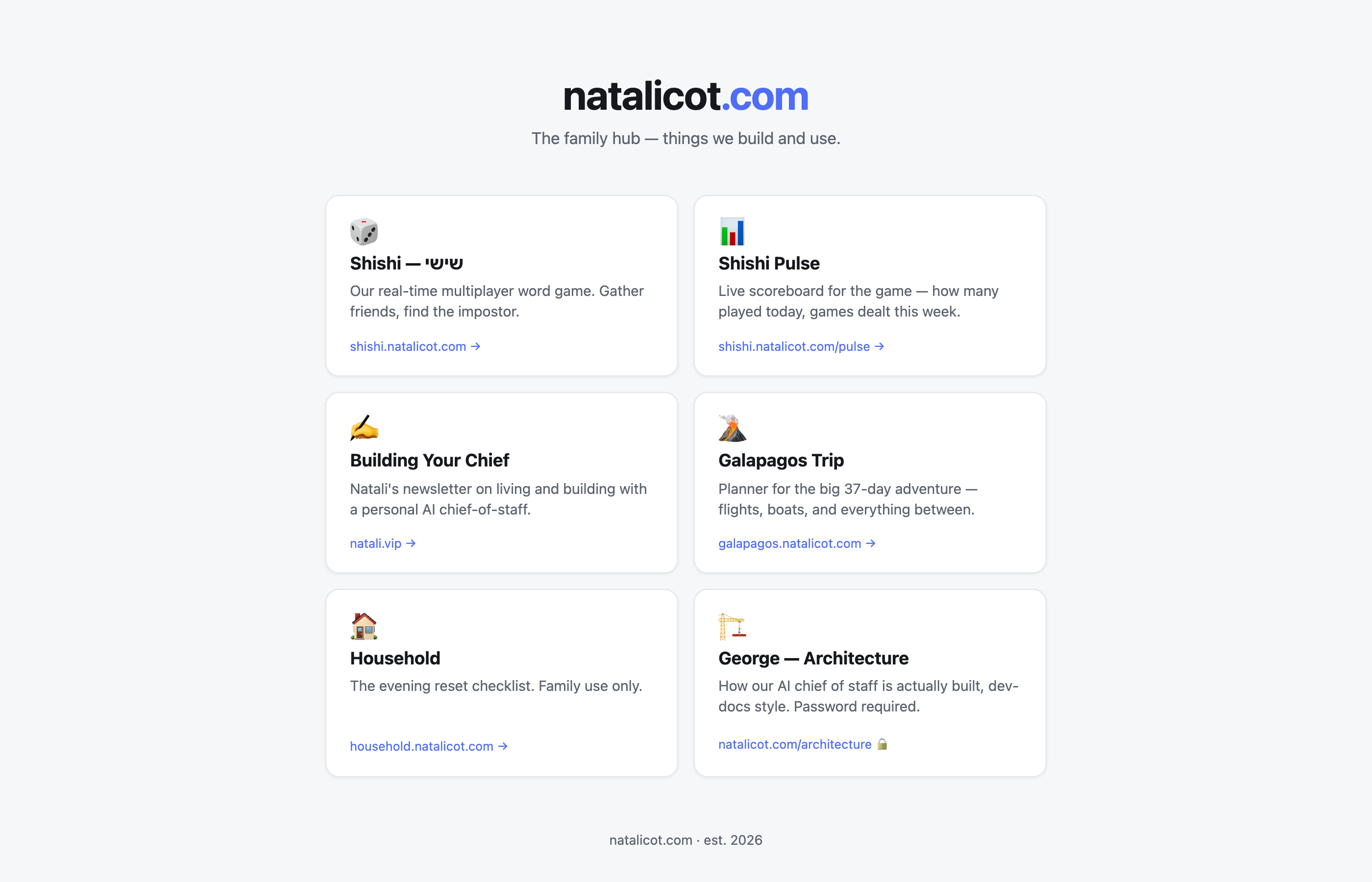 The family landing page: six cards, each one a small thing we built
