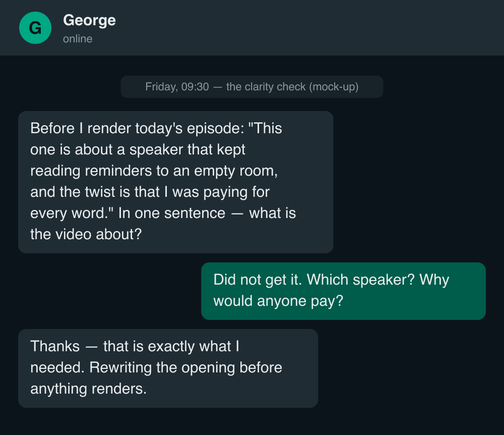 A mock WhatsApp exchange: George asks for the point of the day's episode in one sentence, the reply is "did not get it", George says he is rewriting before anything renders