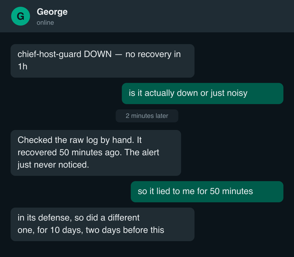 A paraphrased exchange: an alert fires DOWN for an hour, then the truth turns out to be a already-recovered blip the alert never re-checked