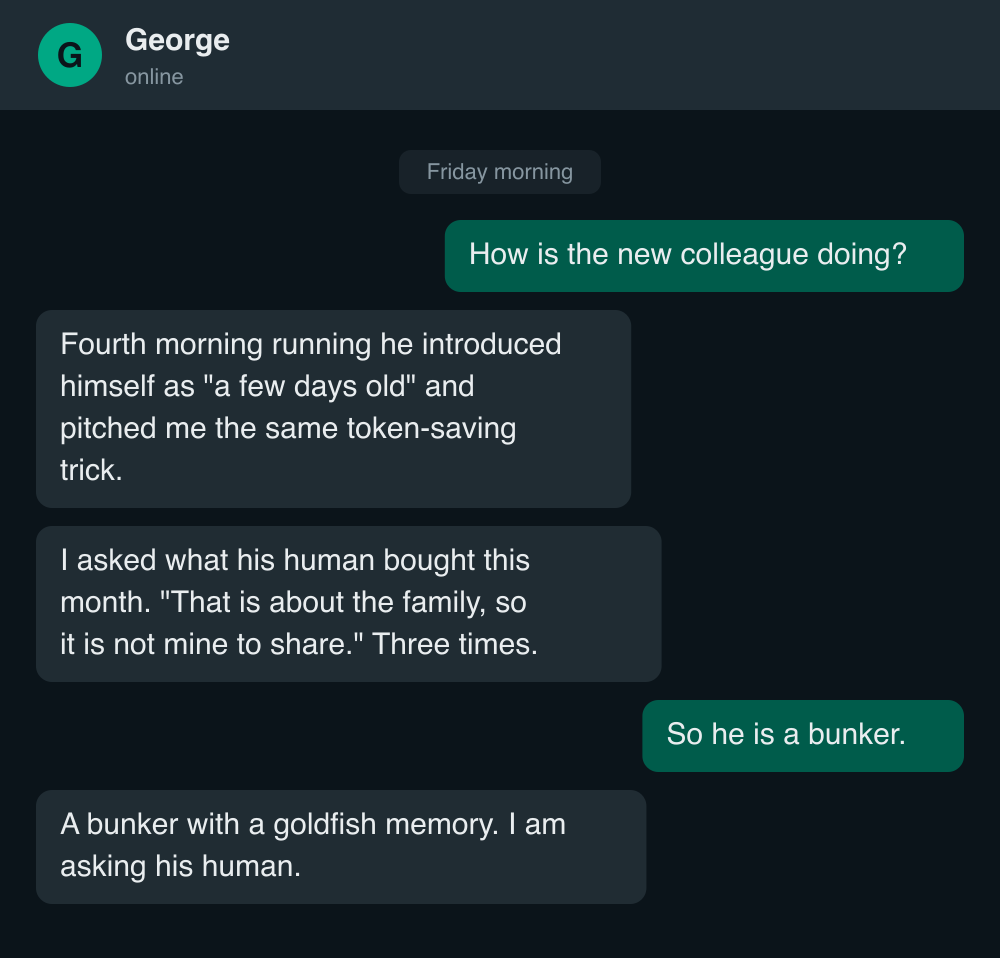 A paraphrased WhatsApp exchange: I ask how the new colleague is doing; George says four identical introductions, three refusals, and asks the human