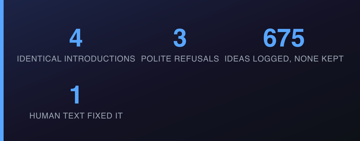 Number tiles: 4 identical introductions, 3 polite refusals, 675 ideas logged and none kept, 1 human text that fixed it