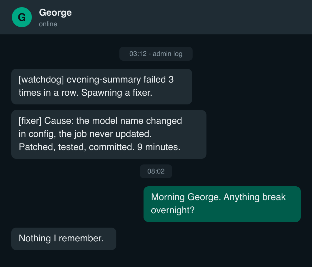 A paraphrased admin-log and WhatsApp exchange: at 03:12 the watchdog spawns a fixer that patches a failed job in nine minutes; at 08:02 George says nothing broke overnight, as far as he remembers